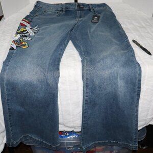 ED HARDY NWT Slim Flare New York City Eagle Patch Distressed Jeans
